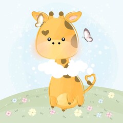 Fototapeta premium cute little giraffe and clouds