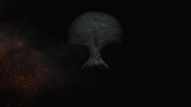 Animation of the appearance of a skull or skeleton from the darkness. Horror scene or Halloween decoration.
