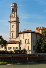 Fototapeta na wymiar Verona Cathedral (Duomo of Santa Maria Matricolare, VIII-XII century) and the River Adige, UNESCO world heritage site, Veneto, Italy, Europe.