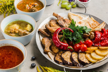 many beautiful dishes and salads for the buffet