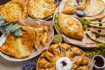 assortment of Caucasian bread khachapuri and pasties