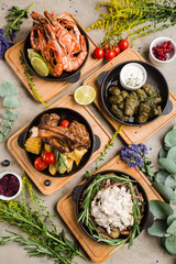 assortment of grilled meat and fish
