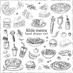 Kids menu doodle icons on chalkboard. Vector illustration
