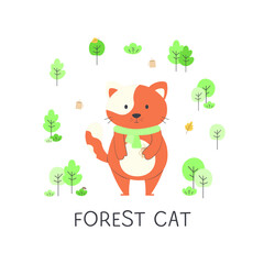 Cute forest cat
among trees, hot tea, bushes and leaves with the name created for children's textiles
