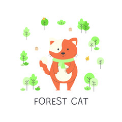 Fototapeta premium Cute forest cat among trees, hot tea, bushes and leaves with the name created for children's textiles