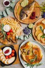 assortment of grilled meat and fish