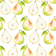 Fruit seamless pattern. Watercolor pears. Isolated on white.