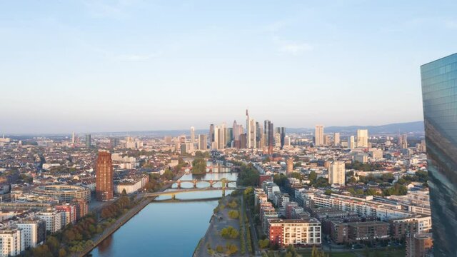 Frankfurt am Main, Germany Skyline Establisher Sunrise Hyperlapse moving Time Lapse with European Central Bank ECB and Main River at Sunrise, Aerial forward 4K
