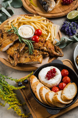 assortment of grilled meat and fish