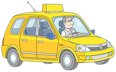 Obraz premium Friendly smiling taxi-driver in his new yellow cab, vector cartoon illustration on a white background