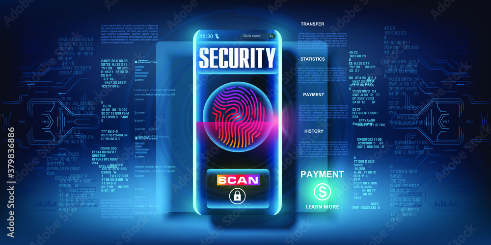 Poster access to data through a fingerprint. data protection on your mobile device. data protection code. t