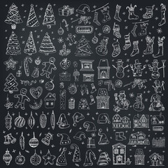 Christmas set of doodle icons Vector illustration on chalkboard. Vector illustration