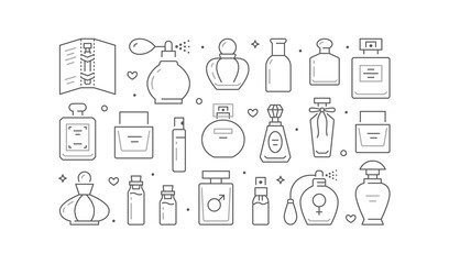 Perfume bottles poster with line icons. Vector horizontal illustration included icon glass sprayer, luxury parfum sampler, essential oil, cologne outline pictogram for cosmetic store flyer, brochure