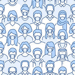 Crowd of people in face masks seamless pattern. Coronavirus prevention vector background with diverse men, woman line icons in medical respirators, virus protection. Blue white color illustration