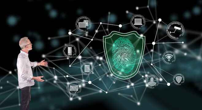 A data security concept explained by a businessman on a wall screen