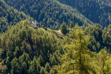Aerial view of the ruins of Obermatsch and Untermatsch, Castle of Mazia di Sopra and di Sotto, South Tyrol, Italy