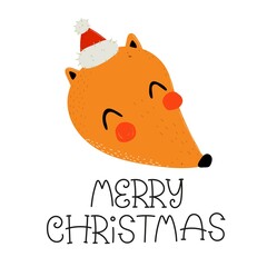 Merry Christmas. Cartoon fox, hand drawing lettering. holiday theme. Colorful vector illustration, flat style. design for greeting cards, print, poster