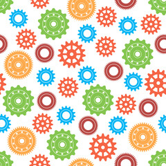 Colored gears seamless pattern. Vector drawing of factory gear wheels. Mechanical gear. The image of the gear.