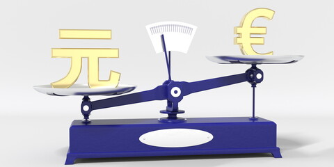 Yuan renminbi symbol outweighs Euro sign on balance scales. Financial market trend conceptual 3d rendering