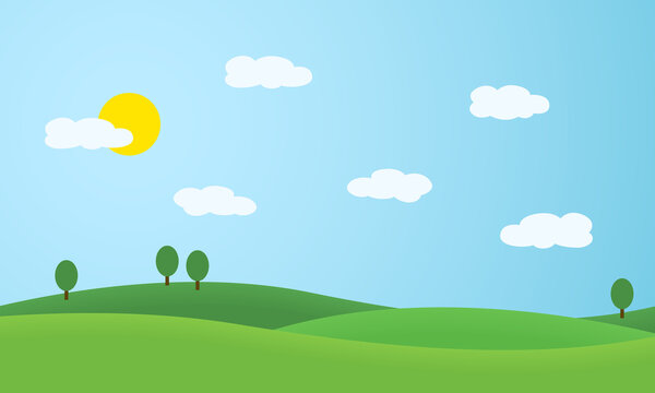 Flat design illustration of landscape with meadows and hills. Green trees under blue sky with sun and white clouds, vector