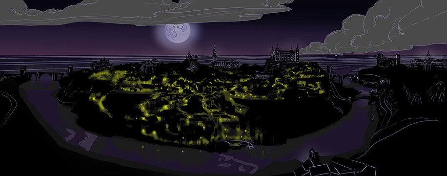 illustration of a night view of Toledo, Spain