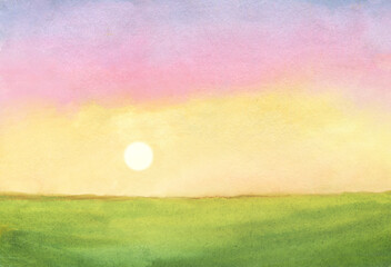 watercolor sunrise illustration. abstract watercolor background with green field and rising sun on colorful sky