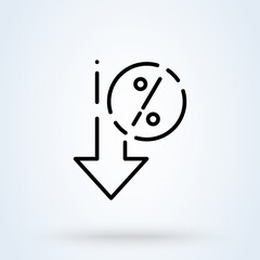Percent down sign line icon or logo. interest rate reduction or percent down concept. Down arrow discounts vector linear illustration.