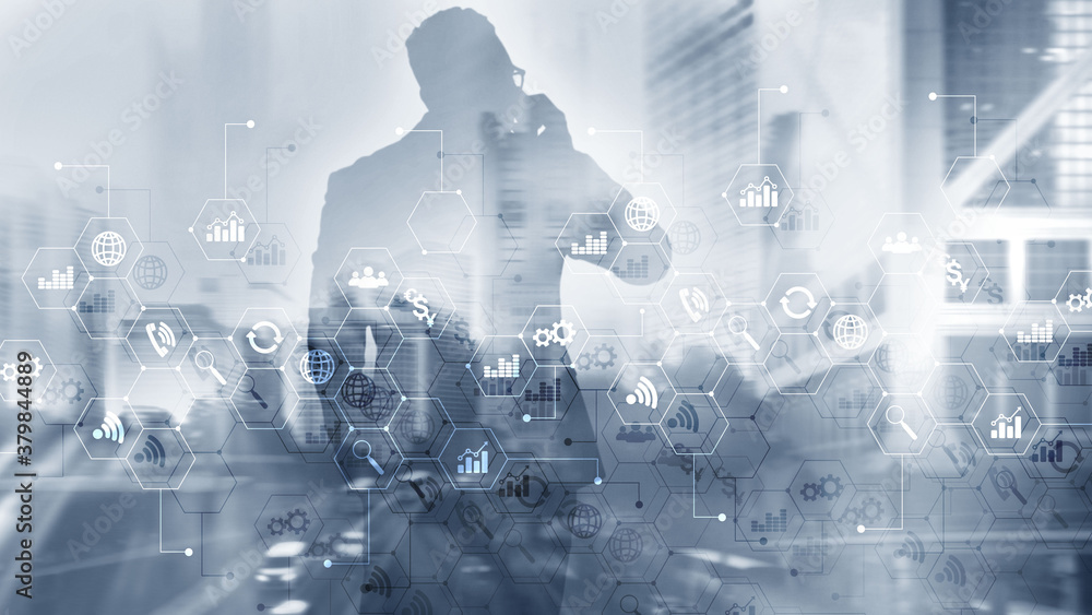 Poster ict - information and telecommunication technology and iot - internet of things concepts.