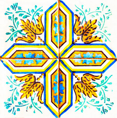 Detail of the traditional tiles from facade of old house. Decorative tiles.Portuguese traditional tiles. Floral ornament.