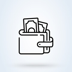 Wallet full of money sign line icon or logo. Wallet with dollars concept. Online payment vector linear illustration.