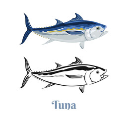 Tuna vector color illustration and black and white outline. Cartoon flat fish. Seafood icon.