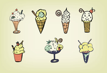 Ice cream set in cartoon style. Hand drawn vector  illustration.