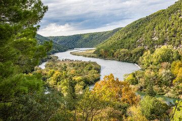 View of the mountains and the Krka river in the Croatian national park near the town of Skradin