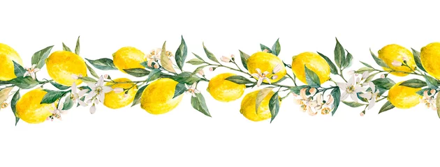 Schönes horizontales, nahtloses Muster mit aquarellgelben Zitronenfrüchten, Blättern und Blumen. Stock Illustrationen,. © Zenina-Lembrik