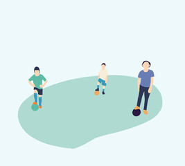 Children return practice to football training on field post coronavirus.Keep social distancing to prevent transmission of the covid-19 virus in the New Normal.