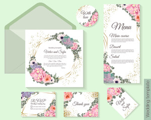 Beautiful set for wedding invitations. Pink hydrangea, succulents, anemones, roses, gold sequins, glitter, geometric shapes.