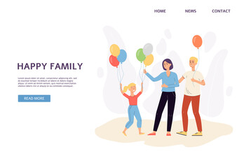Web page template with family holding air balloons, flat vector illustration.