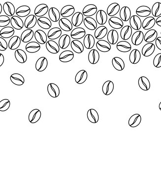 Coffee beans seamless pattern. Hand drawn doodle black outline border for coffee shop corporate identity postcard menu banner package. Stock vector illustration isolated on transparent background.