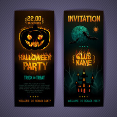 Halloween disco party poster with burning letters and jack o lantern. Invitation design. Halloween background