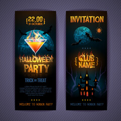 Halloween disco party poster with burning letters and cocktail. Invitation design. Halloween background