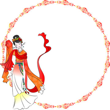 vector Ancient Chinese Lady Figure with circle border frame 