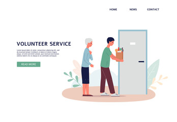 Web page with social worker helping senior woman flat vector illustration.