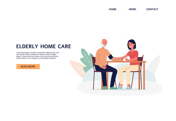 Elderly home care website banner with social worker, flat vector illustration.
