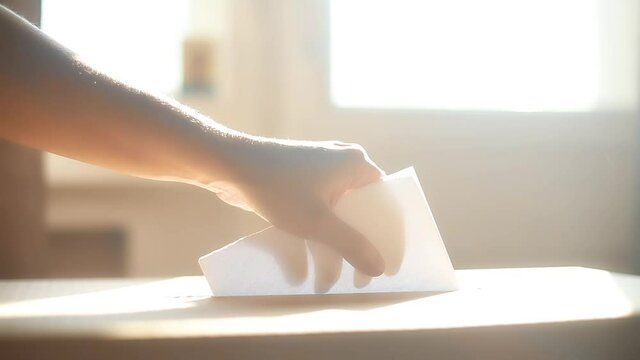 Conceptual footage of a person voting, casting a ballot at a polling station, during elections.