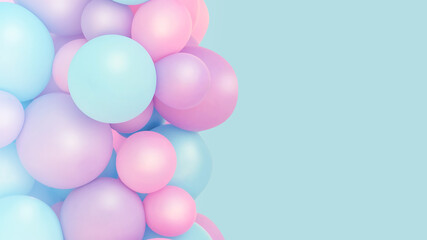 Colorful balloons background, punchy pastel colored and soft focus. pink and mint balloons photo wall birthday decoration. Copy space. Web banner. Wedding party.