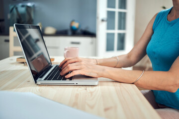 Woman working from home, using laptop / notebook, modern freelance concept.