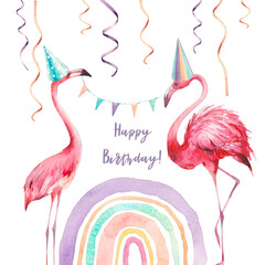 Watercolor flamingo party card. Happy birthday design with flamingos, rainbow, party cone, confetti, garland. Festive watercolors isolated on white background.