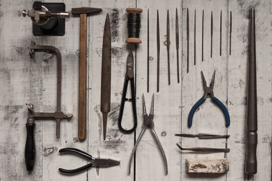 Basic jewelry tools on the white table