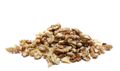 Unshelled open walnuts pile isolated on white background