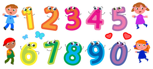 Cute cartoon numbers with smiling faces and happy children, vector illustration
